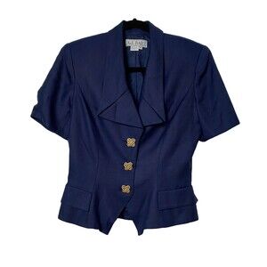 Vintage 80s AJ Bari Blue Top Peplum Blouse 100% Silk Size 8